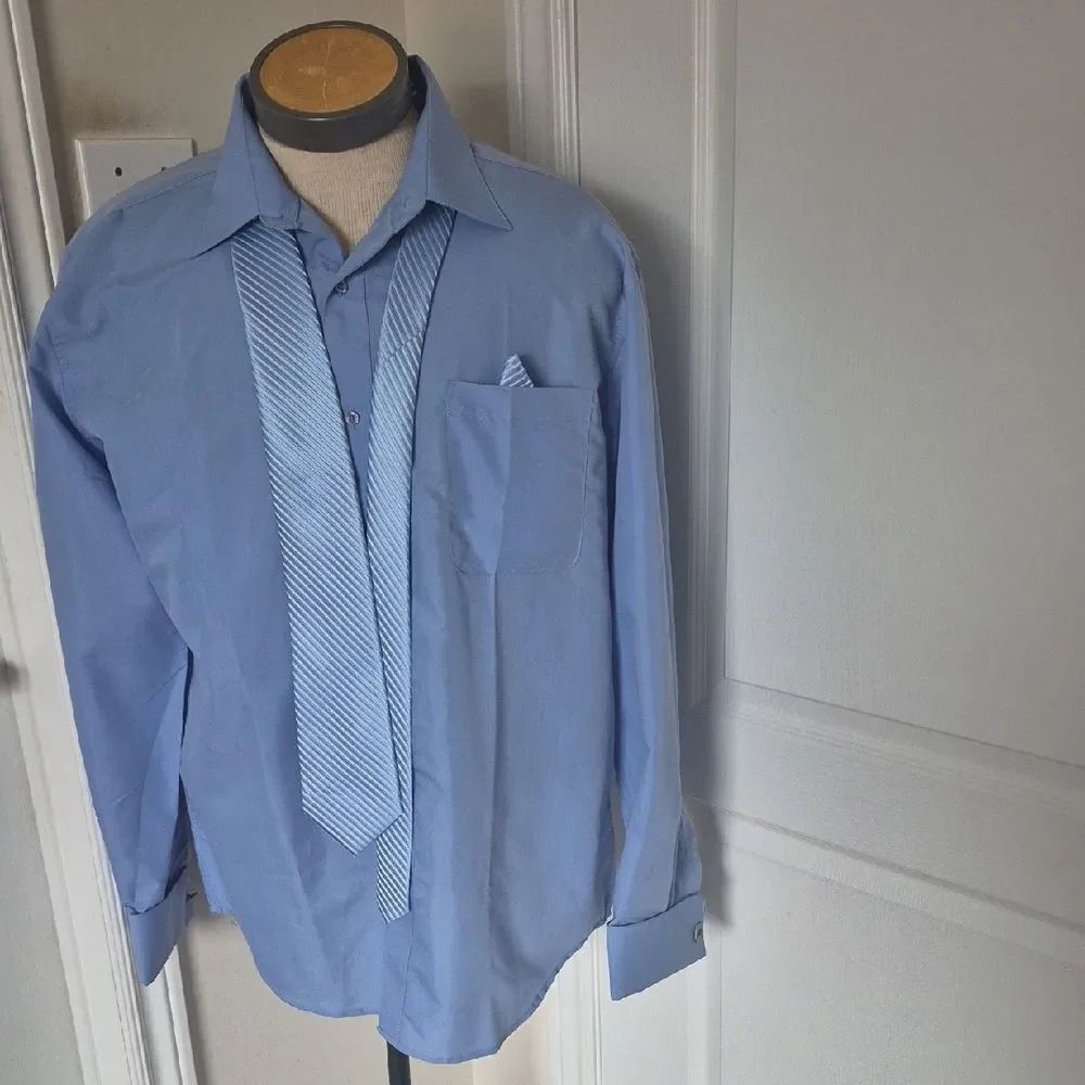 Elegant Blue Dress Shirt with Tie & Cufflinks